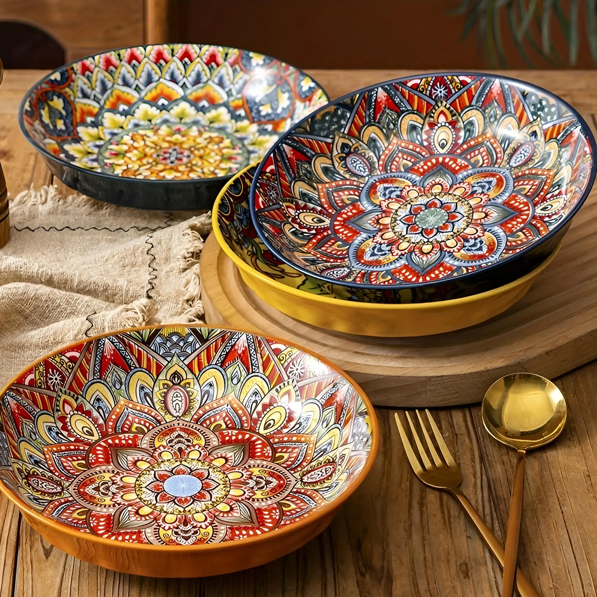 Bohemian Style Floral Pattern Ceramic Dinner Plate Set, 4 Counts/set Creative Dish Plate, Large Deep Plate for Home and Restaurant Use, Salad Serving Plates, Decorative Plates