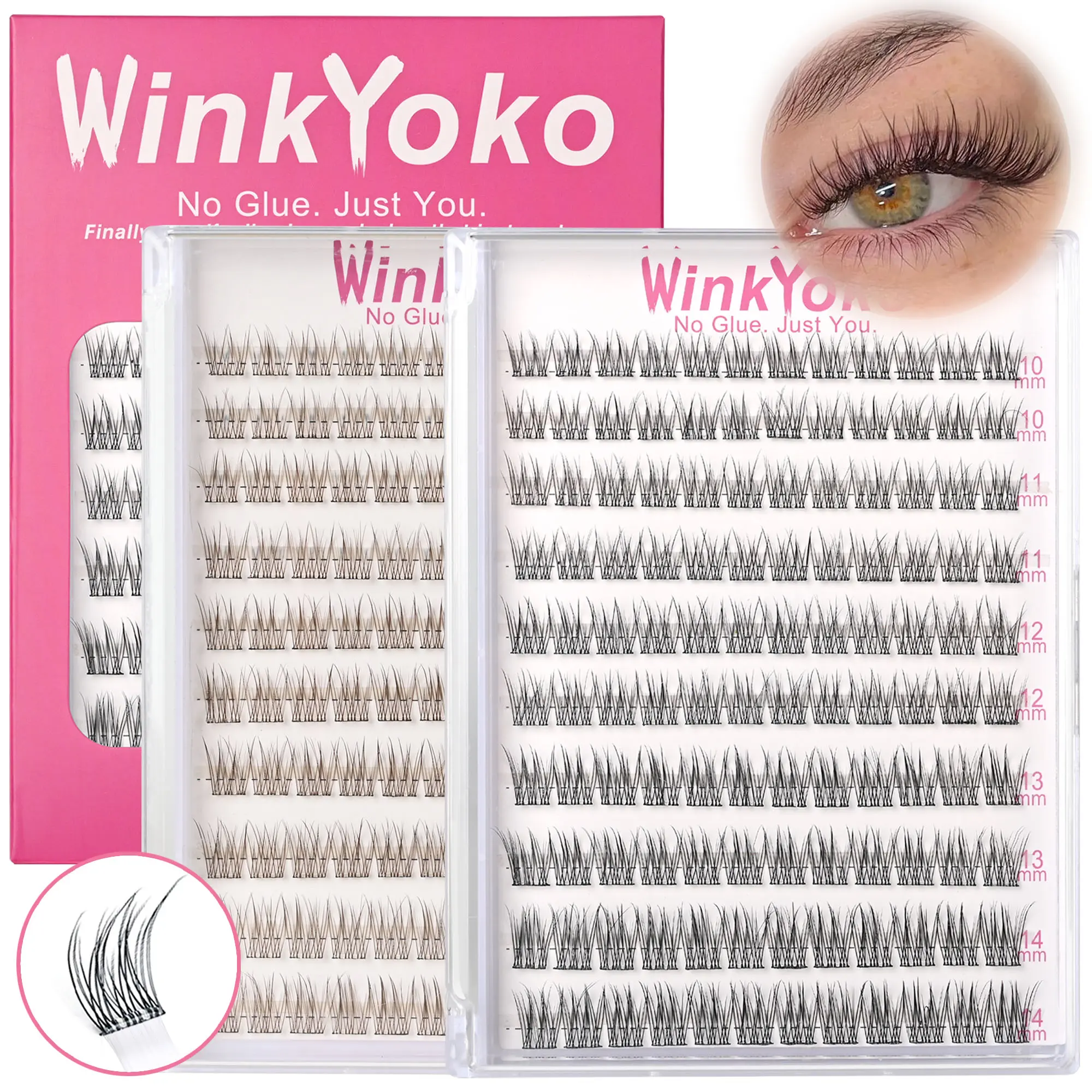 Self Adhesive Natural Lash Clusters-Fishtail Styles, WinkYoko No Glue Beginner Friendly Lashes, C Curl Diy Lash Extension, 8-14mm Mixed Length Individval Natural-Look Eyelash Extension, Pre-Glued Long Lasting Lightweight Wispy Cat Eye Look No Glue Needed