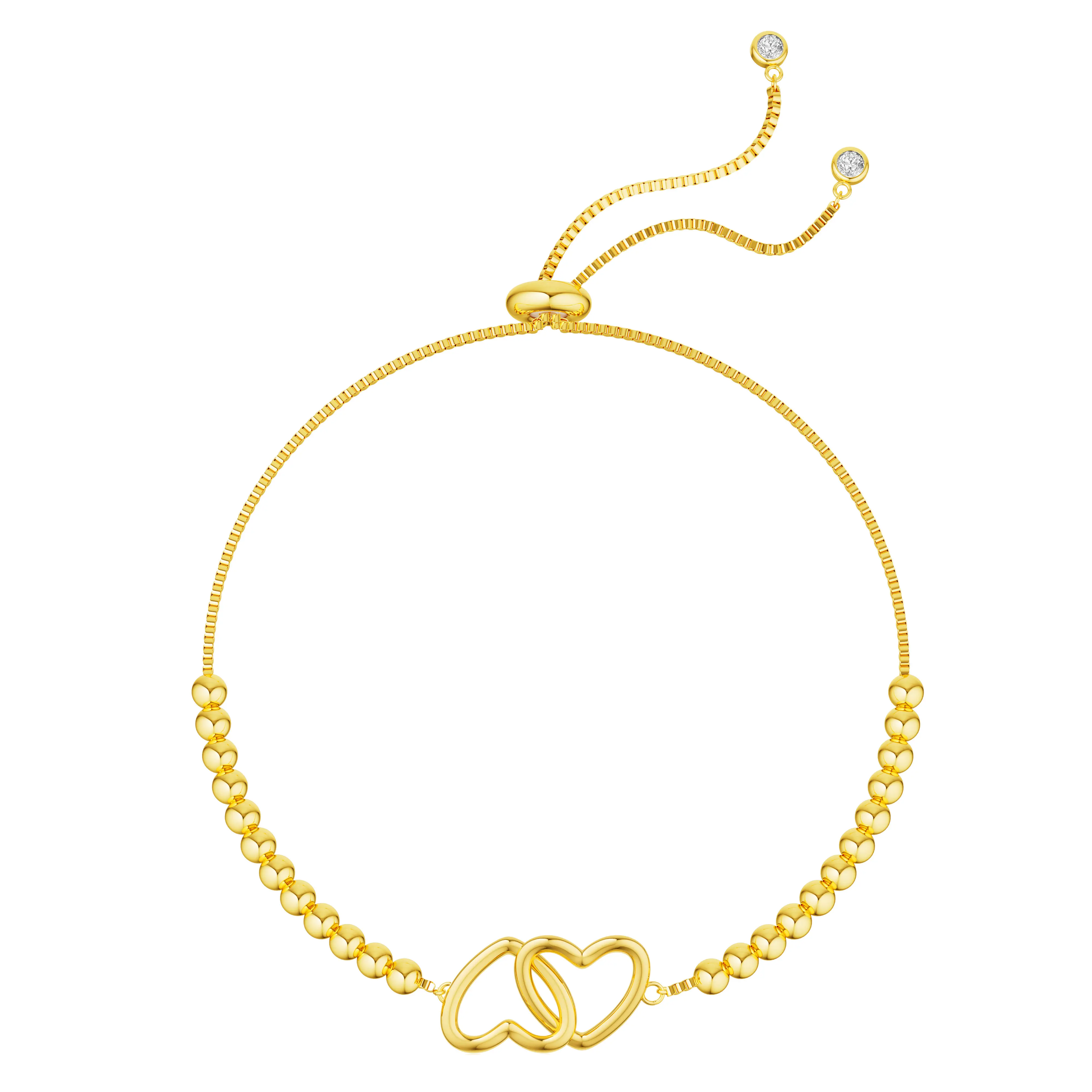 TEWIKY 14K Gold-Plated Beaded Hollow Double Heart Drawstring Bracelet for Valentine's Day Elegant Design Suitable for Various Occasions