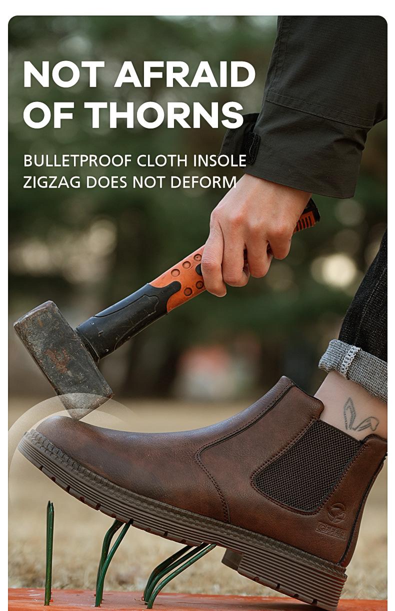 Men's steel-toe sports non-slip work shoes, high-top leather safety boots, have protective functions like anti-smashing and anti-piercing. They are footwear products, Fathersdaygift Boy Closed Bathroom Brown