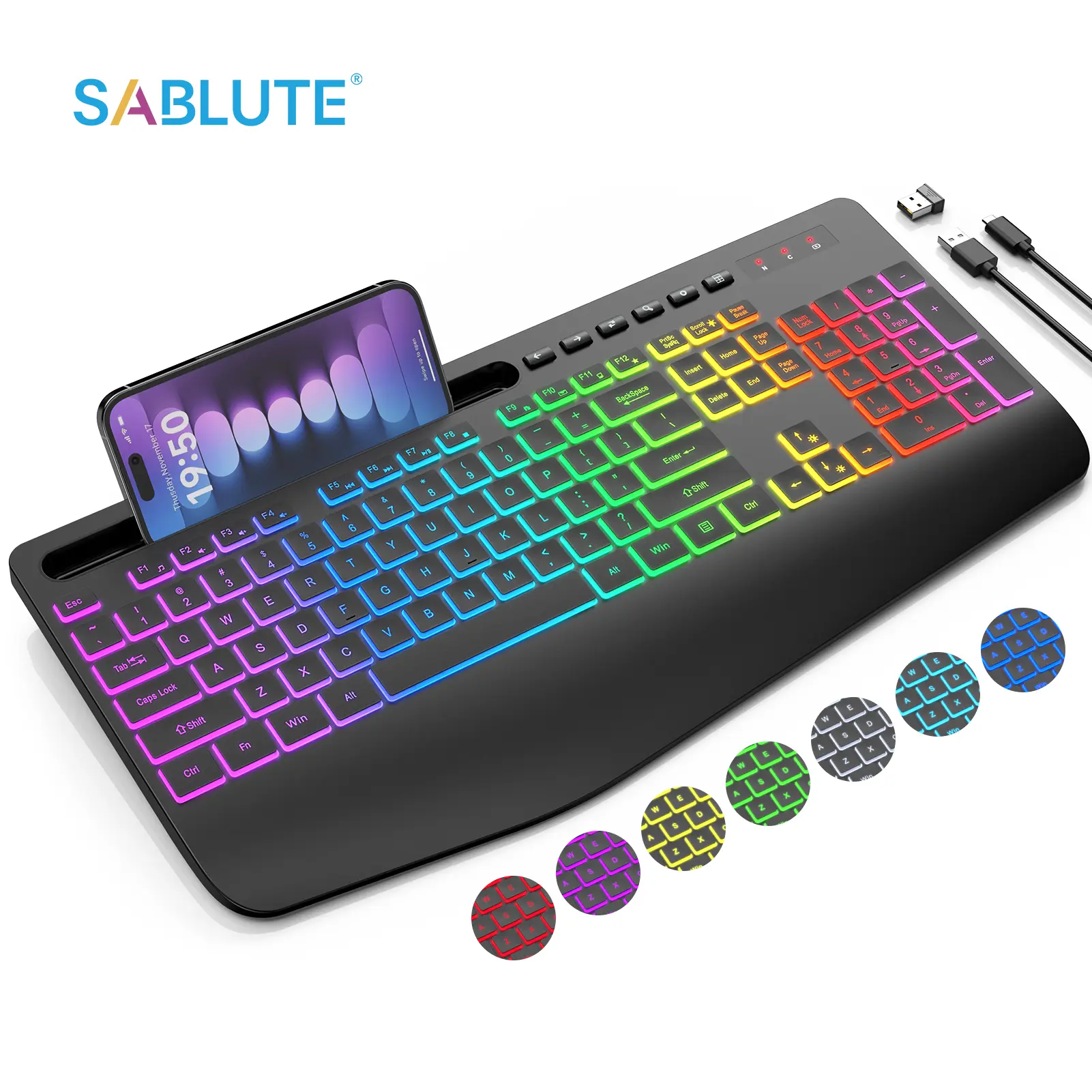 SABLUTE KN213 7-Color Backlit Non-Bluetooth Computer Keyboard - Ergonomic, Multifunctional Wireless Rechargeable Silent Typing Model with Wrist Rest & Phone Holder for Night Use, Ergonomic Design Keyboard,back to school,back to school haul