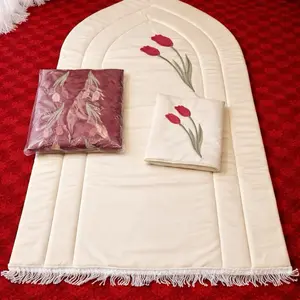 3-Piece Women's Prayer Set Thick Mat Prayer Cloth & Quran Cover with Embroidered Tulips Design