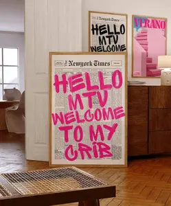 Groovy "Hi MTV" Poster - A Nostalgic 70s Wall Print. This Girly, Pink Preppy Artwork is Perfect for Aesthetic Apartment Decor or Dorm Rooms. A Charming "Welcome To My Crib" Statement Piece, Unframed letterpress Box Water Proof. Wood. Ornaments. Photo