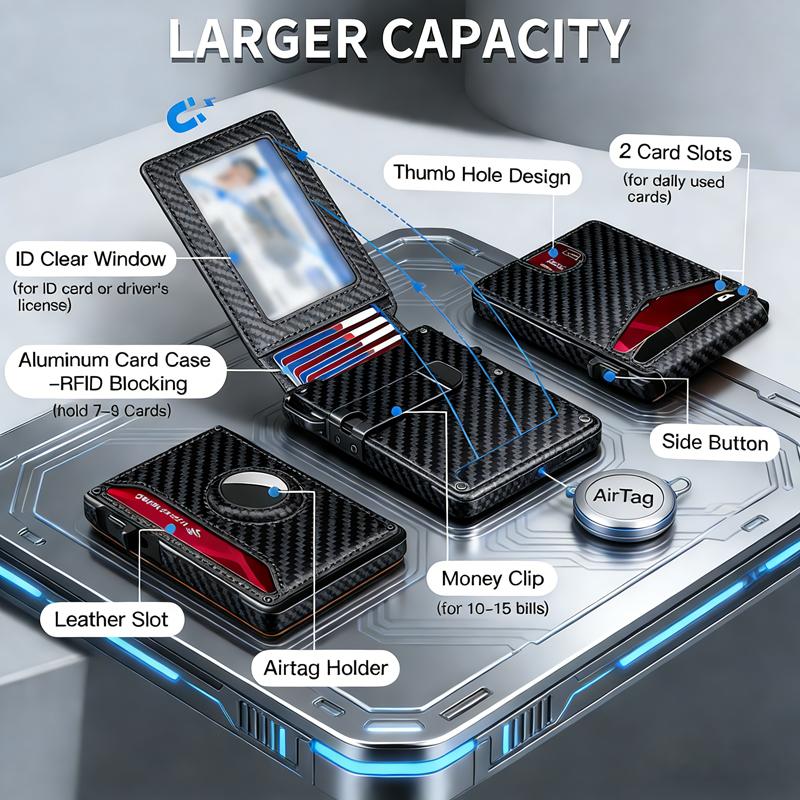 Minimalist Men’s Slim Wallet: 9 - 13 Cards, Money Clip, ID Window. RFID - Blocking, Aluminum Bifold Pop - Up Men's Minimalist Bifold Wallet with AirTag Compartment Perfect Gift (AirTag Not Included)