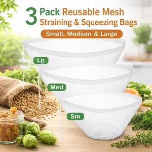 Reusable Strainer Bags, 3-Pack (L+M+S) Wide-Mouth Fine-Mesh Bags for Food Filter, Coffee, Juicing, Soy Milk, Yogurt, and Kitchen Use - Heat Resistant, Easy Clean