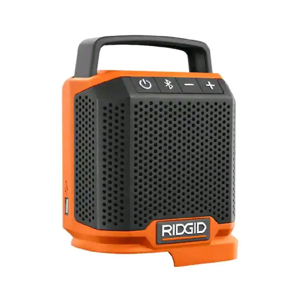 RIDGID 18V Cordless Bluetooth Stereo Speaker, Portable Orange Power Tool-Only Audio Device with 2A USB Port, Compact Design, Built-In Handle, 100% Compatible with All RIDGID 18V Batteries, 200 ft. Range, Bluetooth Speakers, 2 Amp Usb Port