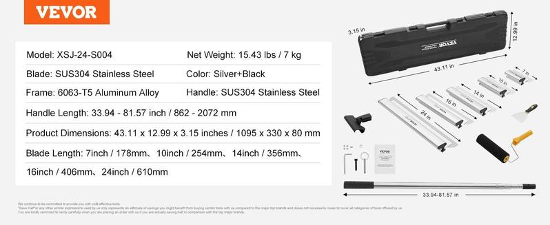 VEVOR Drywall Skimming Blade Set, 7/10/14/16/24 in Skimming Blades + 34-81.6 in Extension Handle Pole, Stainless Steel Knife Professional Skim Coat Tools, for Gyprock/WallBoard/Plasterboard,Drywall Skimming Blade Set,Decoration VEVOR Super Brand Day