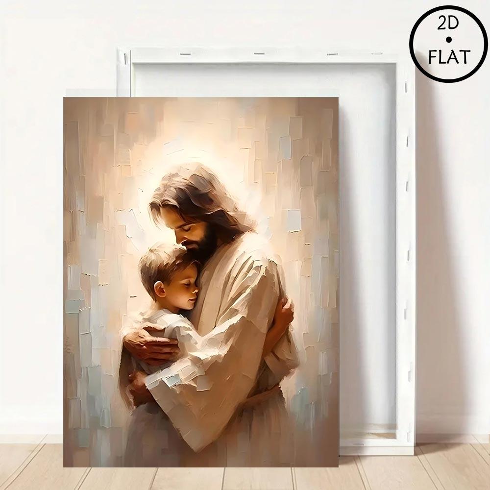 Christian Wall Art Jesus with Boy Shepherd Art 2D Flat Framed Canvas Print Waterproof Silver Wall Art for Gifts and Decor