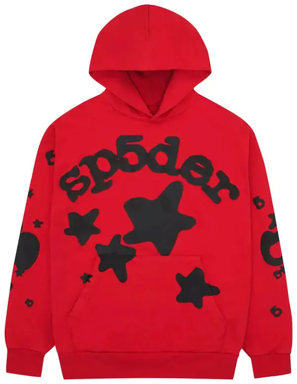 Men's Sp5der Beluga Red Loose Hoodie Sweatshirt, Menswear Tops with Kangaroo Pocket