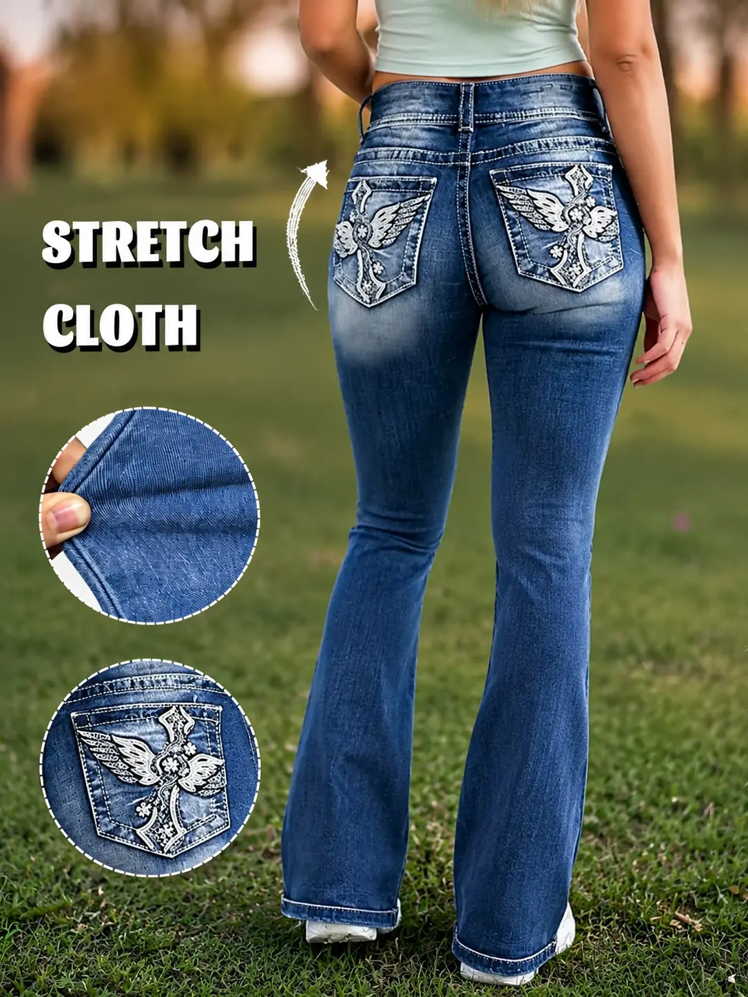 Women's Bell Bottom Jeans Stretchy Embroidered Winged High Waist Bootcut Denim Pants