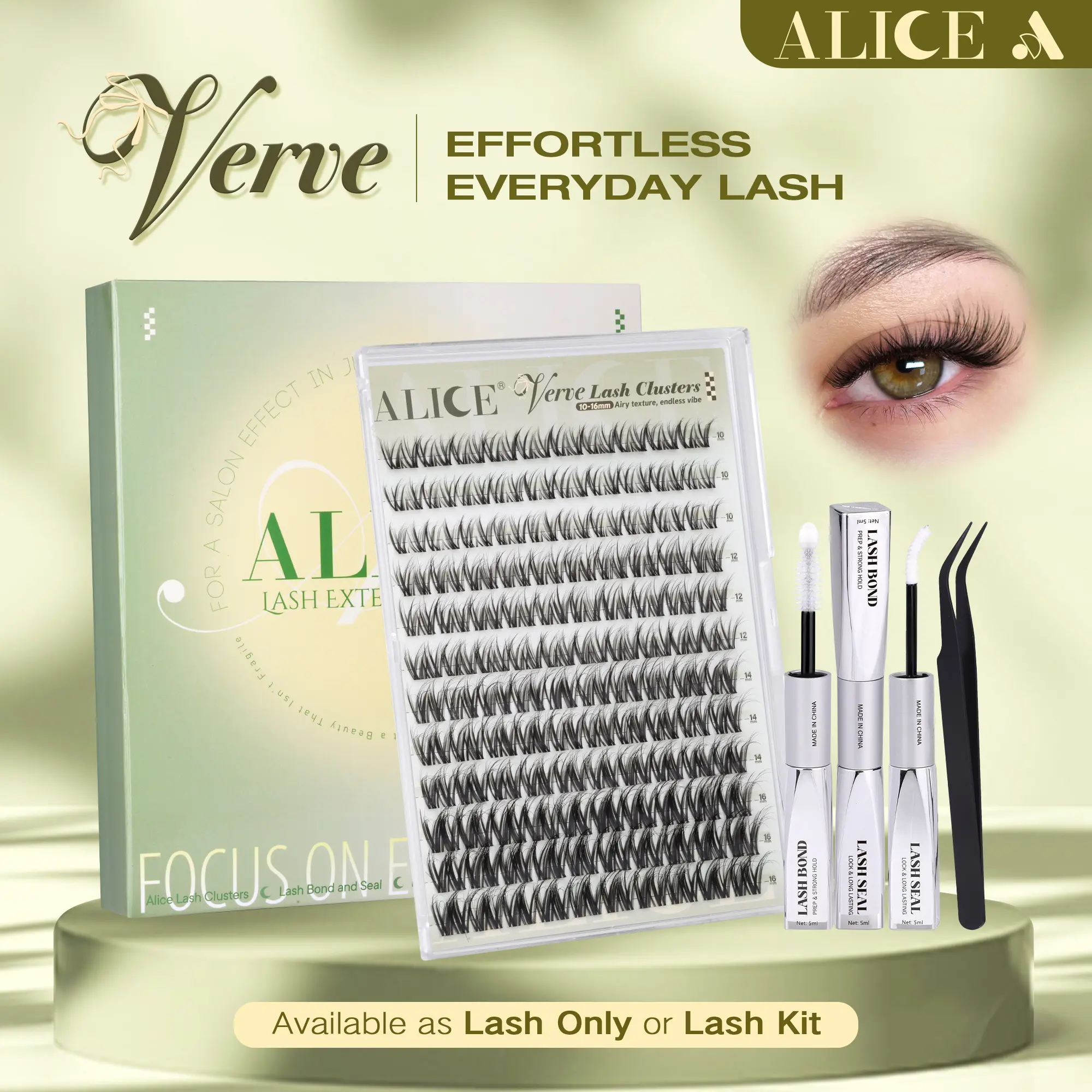 ALICE Verve Cluster Lashes Kit - Cosmetic Natural Makeup Products for Adults, Invisible Band Wispy 10-16mm Eyelash Extensions Daily No-Makeup Kit