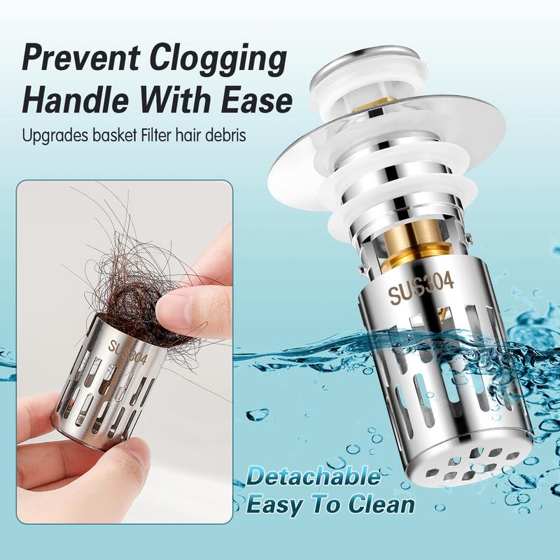 Bathroom Sink Drain Stopper, Universal Pop Up Drain for Bathroom Sink Replacement, Sink Drain Cover with Anti-Clogging Filter Basket Hair Catcher, Sink Drain Strainer