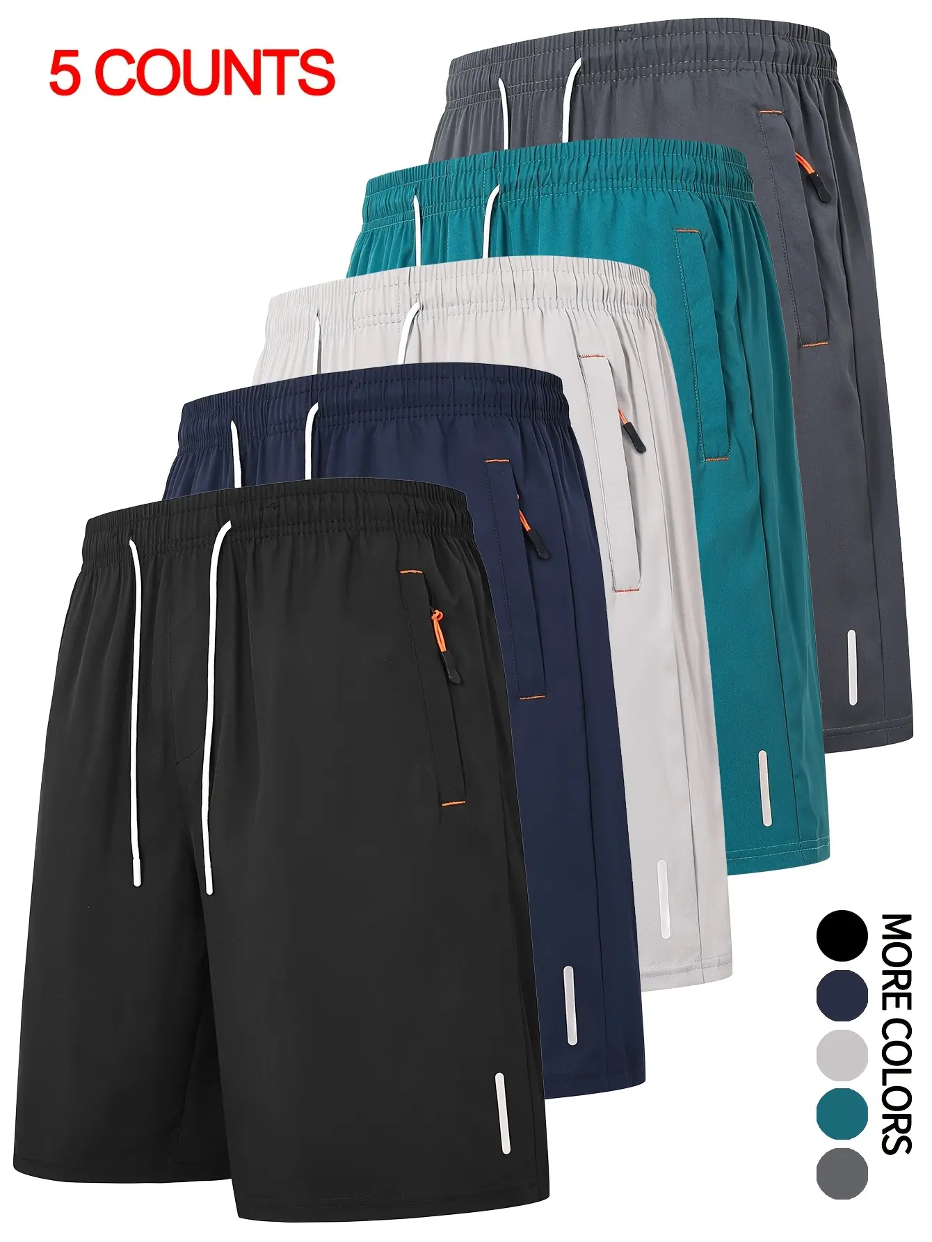 Men’s solid-color drawstring shorts, 5-pack; adjustable waist; regular fit; pockets and zipper; suitable for summer; men’s everyday bottoms