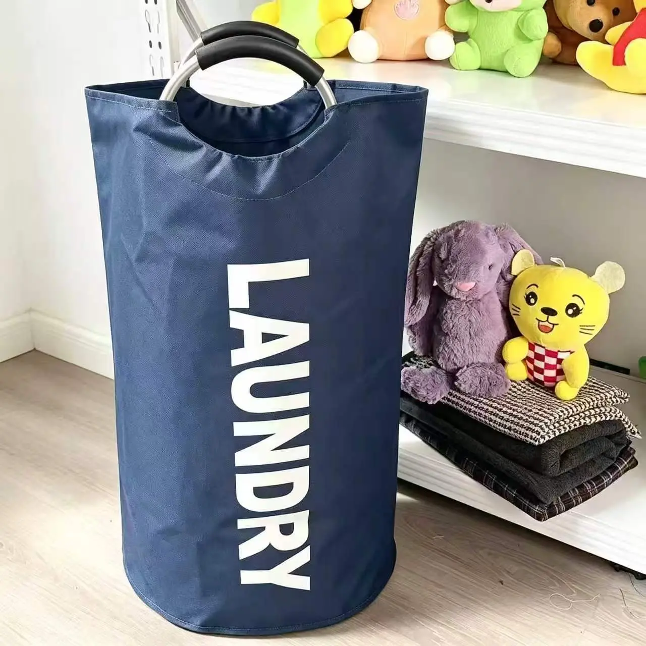 90L Collapsible Freestanding Laundry Hamper - 600D Moisture-Resistant Oxford Fabric Basket, Soft Reinforced Handles, Folded Storage, Toddler-Safe Single Compartment, Flat-Fold Under Bed Bin for Families, Black/Pink/Navy