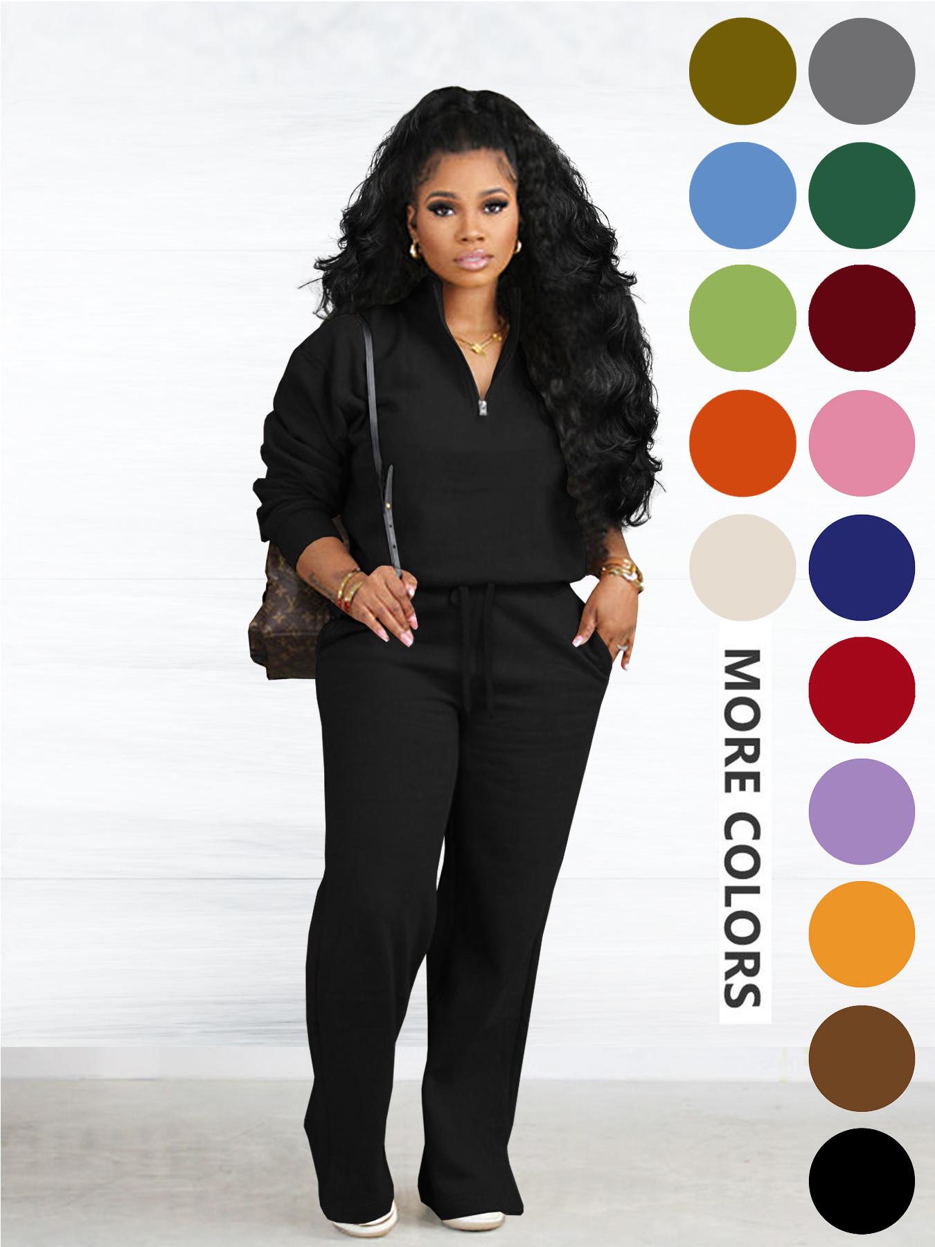 Women's Two-piece Set Solid Zip Up Funnel Neck Sweatshirt & Drawstring Waist Pants Casual Fall Winter Workout Sets Cozy Drop Shoulder Long Sleeve Top Pocket Trousers for Daily Outdoor Wear