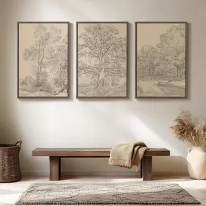 Vintage Tree Landscape Wall Art Poster Set of 3, Antique Nature Sketch Prints, Classic Botanical Home Decor, Neutral Gallery Wall
