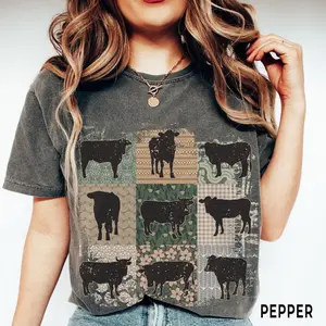 Comfort Colors Boho Cow Shirt, Retro Farmhouse Patchwork Cows Graphic Tee, Cute Farm Animal Lover T-Shirt, Cottagecore Farm Style Gift