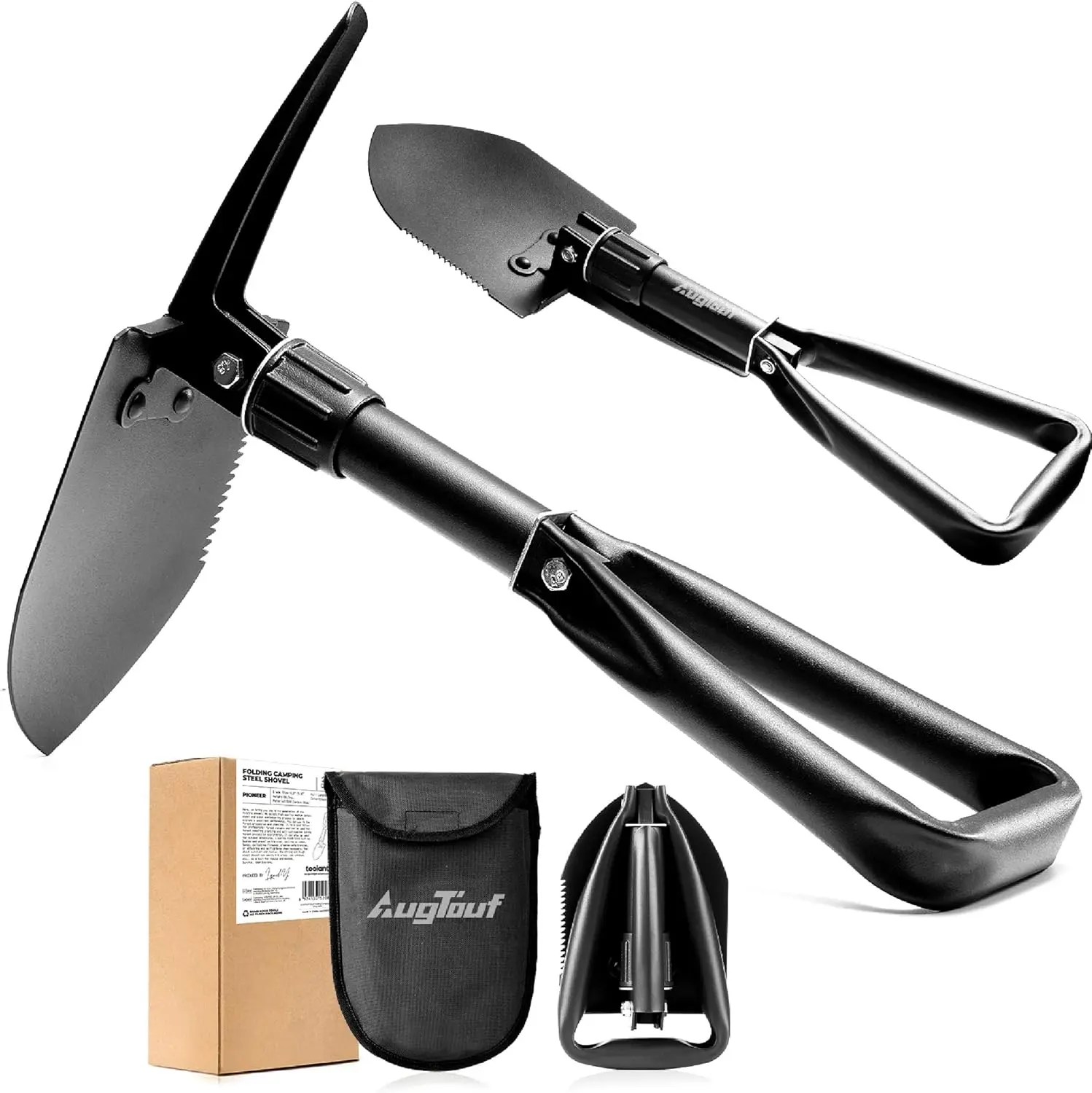Toolant AugTouf 18-in High Carbon Steel Foldable Lightweight Tactical Shovel (Black) - Military Garden Spade, Hiking Gear, Survival Gear Equipment, Tactical Tools, Outdoor EDC Item