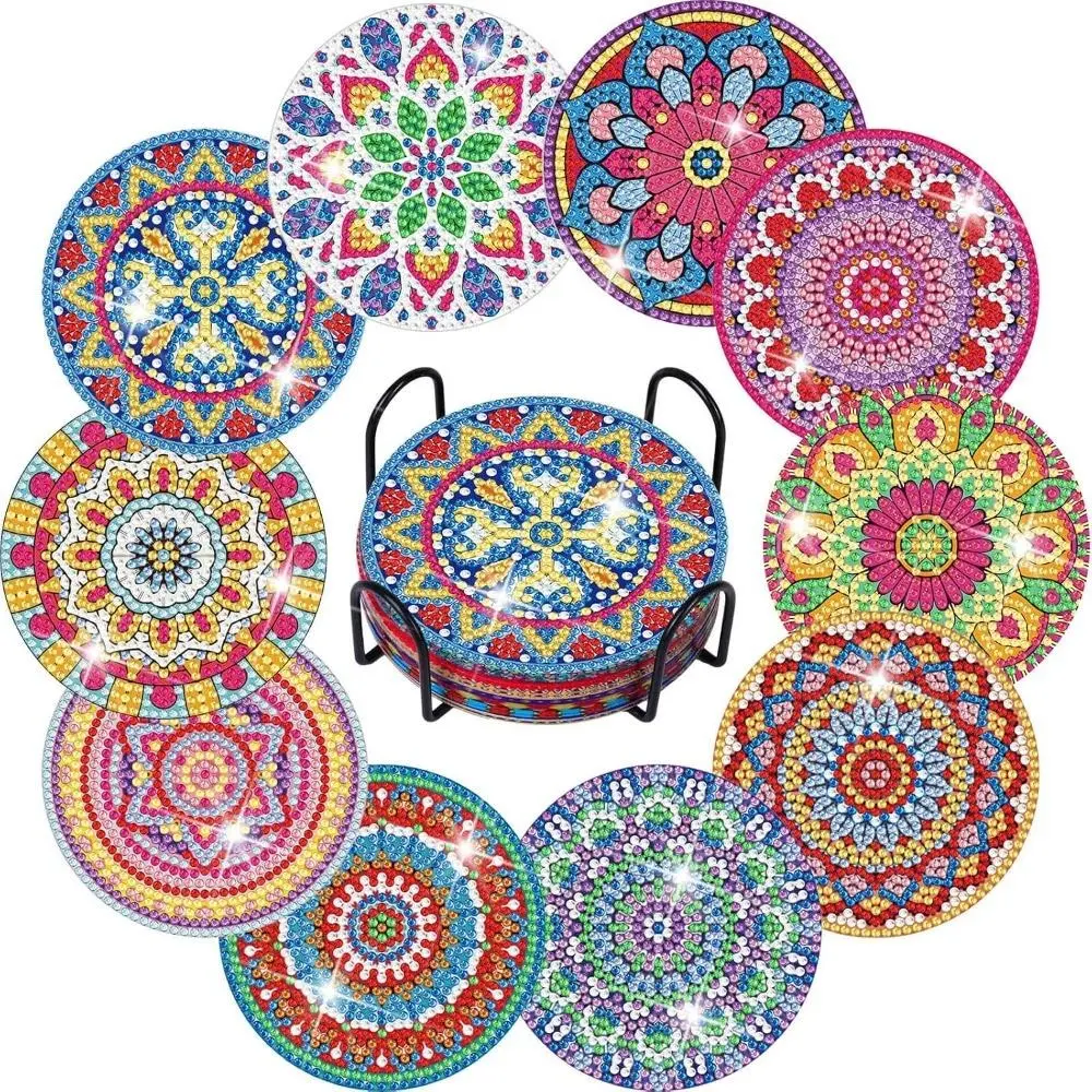 10-Pack Beginner-Friendly DIY Fun Diamond Painting Coaster Tool Kit - Mandala Geometric Clay Drink Mats, Non-Slip Cork Backing, Diamond Art Pen, Sorter Holder, Thick Acrylic Resists Wear, Stays Put on Coffee Tables, Home Decor, Unique Adult Gift