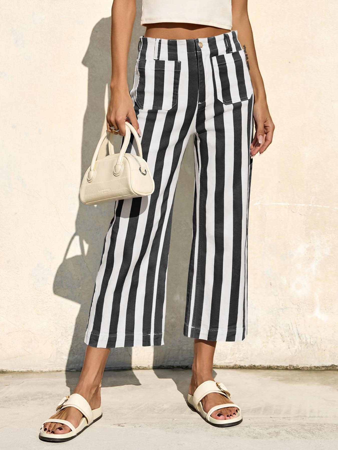 Aswulk Womens Cropped Striped Jeans Casual High Waisted Stretchy Straight Leg Denim Pants with Pockets