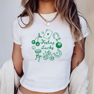 Feeling Lucky St. Patrick's Day Baby Tee for Women | Y2K Trendy 90's Crop Top | Lucky 7 Coquette Style Shirt | Cute Irish Holiday Gift for Her