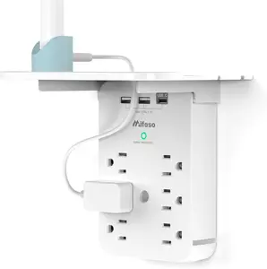 Wall Outlet Extender with Surge Protector, 6 AC Outlets, Shelf, 2 USB & USB-C Charging Ports – Home & Dorm Plug Expander