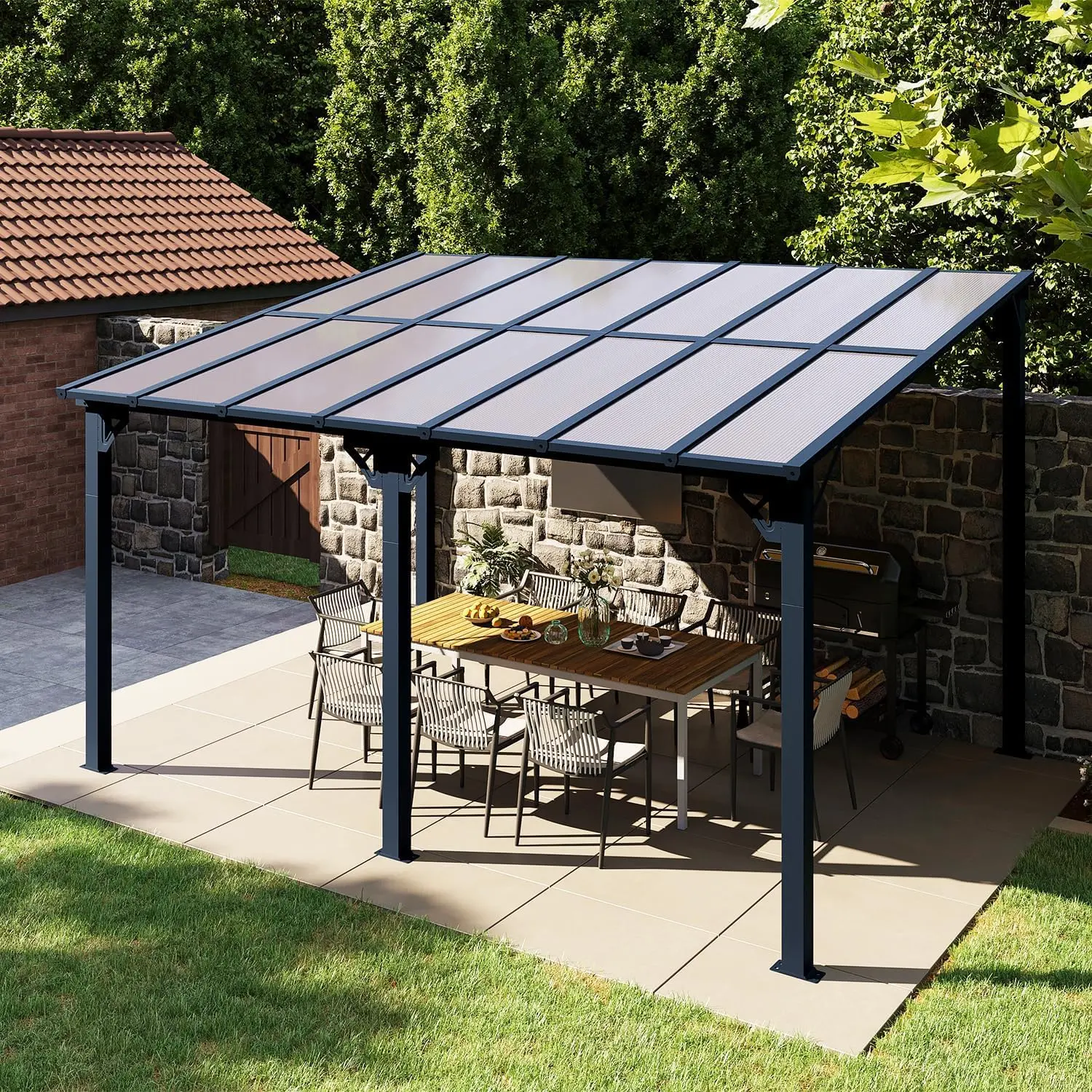Aoxun 8'x 10' Premium Gazebo with Aluminum Top Frame & Polycarbonate Panel, Wall Mounted Gazebos Pergola, Outdoor Patio Lean to Gazebo, Awnings with Sloped Roof, for Backyard, Porch, Deck,home decor,camping essentials pool area shade