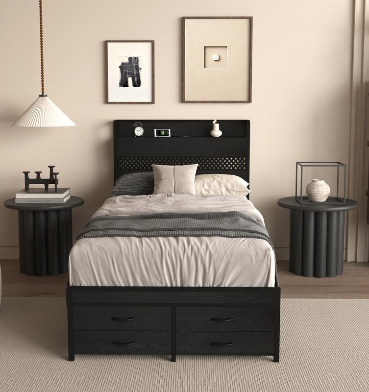 SMART BED FRAME ALERT! ️ Twin Size Bed Frame with Storage Drawers, RGB LED Lights & Charging Headboard – Platform Bed, No Box Spring Needed | Modern Bedroom Furniture for Teens, Kids, Adults | Space Saving, Black Metal Frame, Under Bed Storage & USB Ports