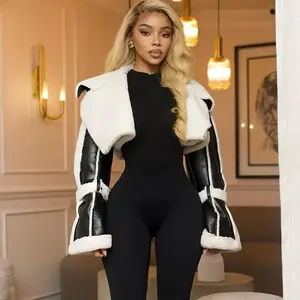 Women's Fall Fashion PU Leather Patchwork Fur Collar Short Jacket, Street Style Zipper Design, Casual Outerwear for Ladies