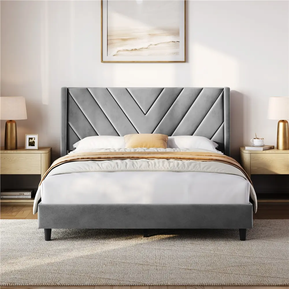【Back To School】Costoffs Upholstered Platform Bed Frame with Tufted Headboard Wing Side, Fabric Upholstered Bed Frame with Wooden Slat Support,dorm essentials,home decor