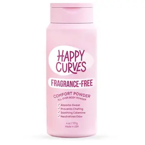 HAPPY CURVES Comfort Powder: Talc Free Anti Chafe Body & Foot Dusting Powder Deodorant to Control Inner Thigh Chafing, Private Areas, and All Over Body for Women (4 Ounce (Pack of 1), Fragrance-Free)