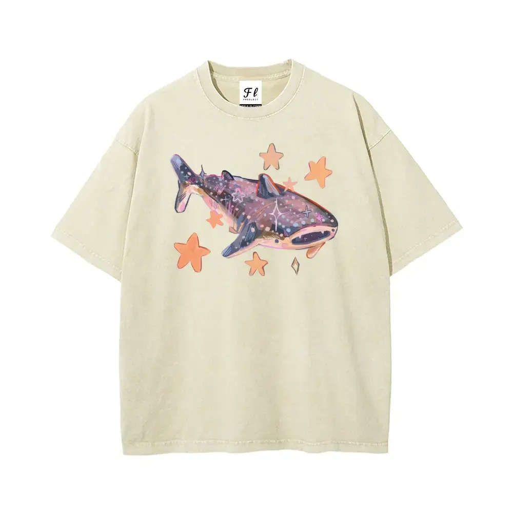 Dreamy Starry Whale Shark Ocean Graphic Washed T-Shirt, Vintage Distressed Oversized Loose Fit Casual Streetwear Unisex Aesthetic Cosmic Sea Animal Trendy Hip Hop Tee