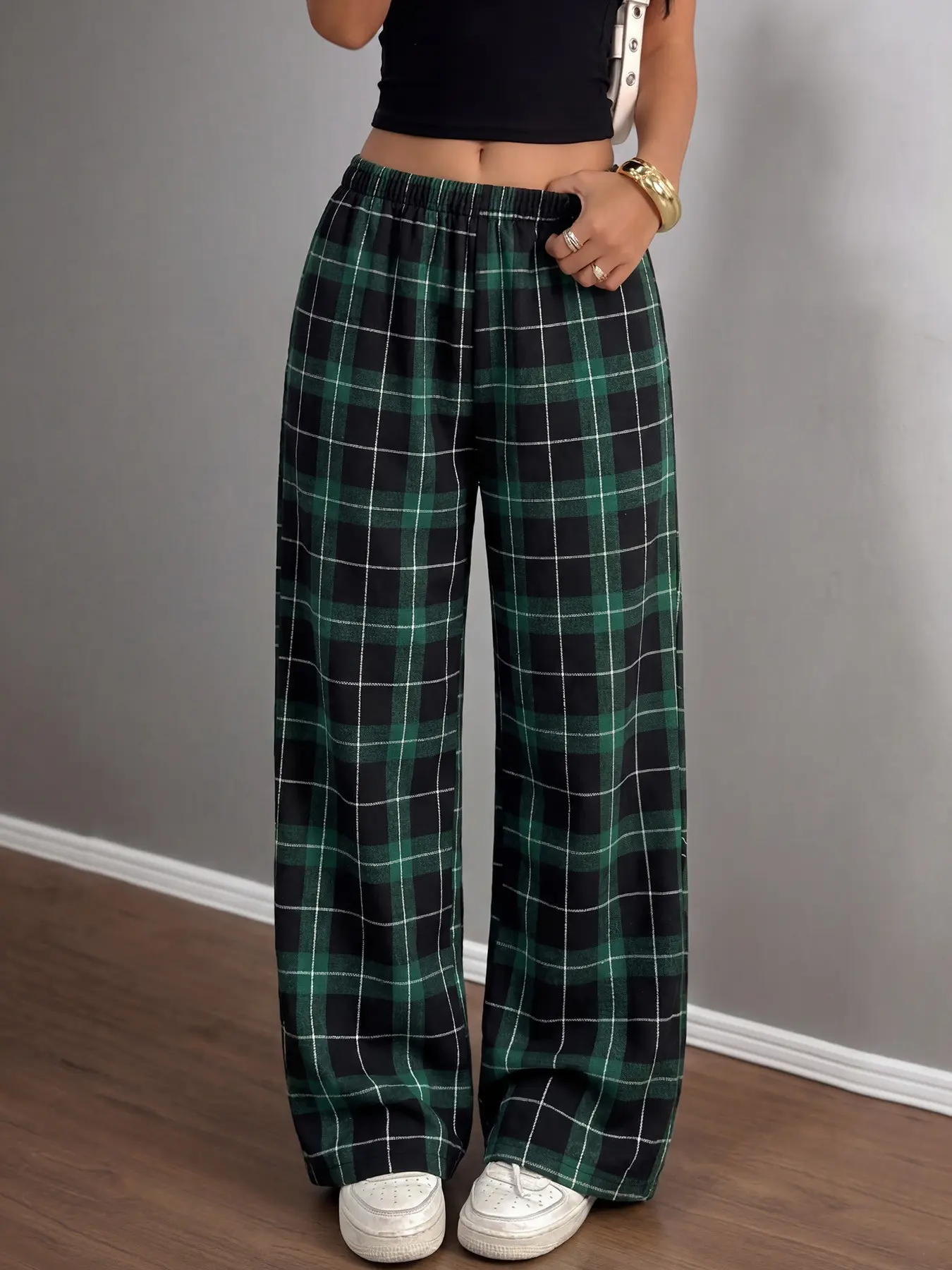 Unisex Plaid Long Pants Women, All Season Trousers, Loose Oversize Straight Fit, Casual Fashion, Mid Waist, Adjustable Drawstring Design, All Seasons, Vintage Y2K Style