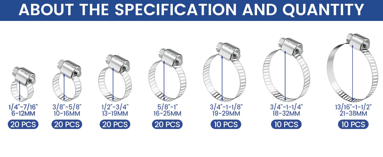 110 PCS Hose Clamps Stainless Steel Assortment Kit 1/4''–1-1/2'' Adjustable For Fuel Line Plumbing Automotive Mechanical Applications FathersDayGift