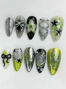 3D Chrome Star Bow Press On Nails | Lime Green Black Cyber Goth Y2K Swirl Almond Nails