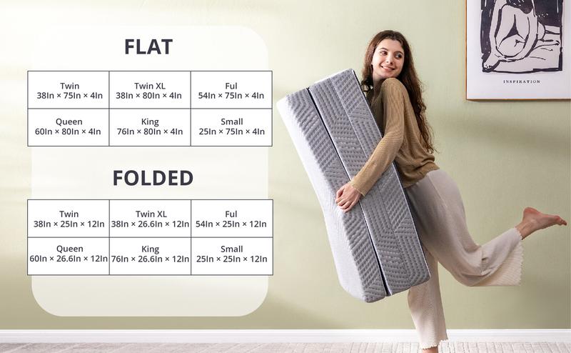 EGO Tri Folding Memory Foam Topper 4 Inch, Twin Full Queen King Guest Bed Dorm Room Comfortable Camping Sleepover Pressure Relief Travel Mattress