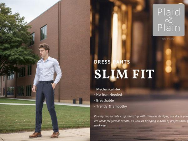 Plaid&Plain Men's Dress Pants Slim Fit Stretch Khaki Pants Wrinkle Free Olive Casual Dress Pants Men Suit Pants Mens Dress Slacks Khaki Dress Pants 8802