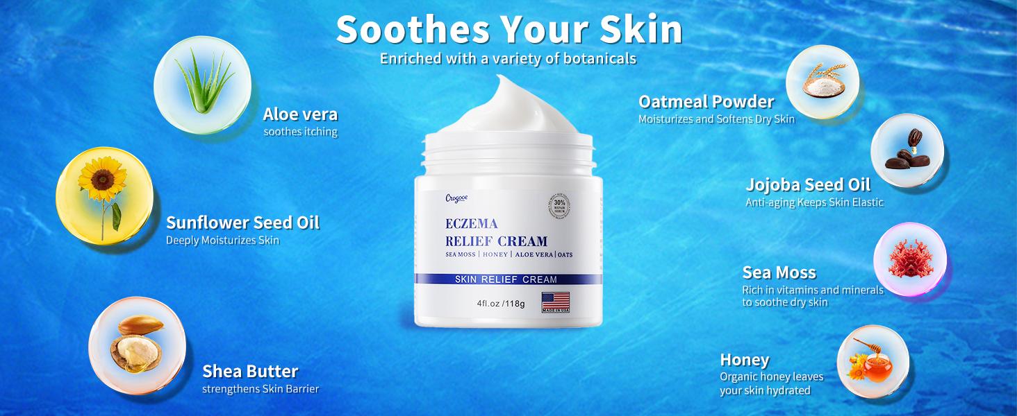 Eczema Relief Cream  Made With Organic Honey ,Sea Moss,Aloe Vera & Oats - for Sensitive ,Dry & Itchy Skin ,Eczema Soothing Cream for Adults & Kids - Hydrating Comfort Moisture - 4 OZ
