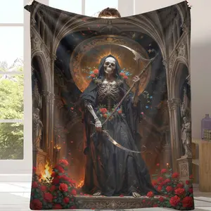 Gothic Skeleton Reaper Flannel Blanket Dark Cathedral and Red Rose Print Soft Warm Durable Cozy Texture Perfect for Bedroom Decor Halloween Theme Romantic Gift Living Room Sofa Meditation Space Artistic Home Display