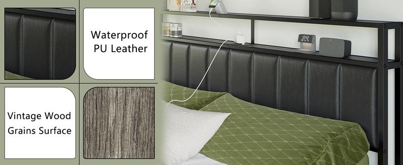 AMERLIFE Bed Frame with 2 Storage Drawers, 2-Tier Storage PU Headboard with Charging Station& LED Lights, No Box Spring Needed/Unique Bedroom Furniture