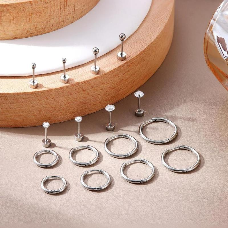 FLORIDECO 8Pairs 316L Surgical Steel Earring Set Cubic Zirconia Round Stud Earrings Hypoallergenic Cartilage Huggie Hoop Earrings Daily