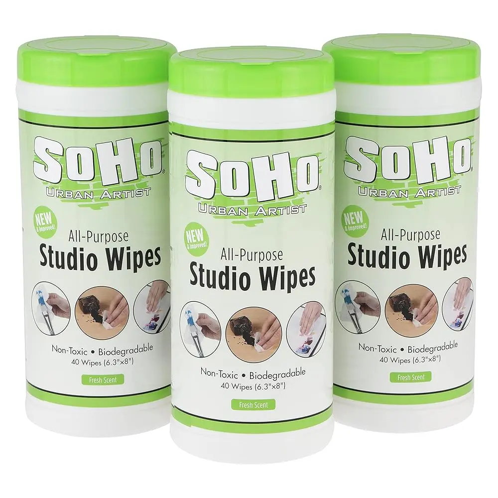 SoHo Urban Artist Pre-Moistened Disposable Brush Cleaner Wipes, 120-Count Non-Toxic Biodegradable Stain Remover (No Liquid Brush Rinser Needed) for Camera Care