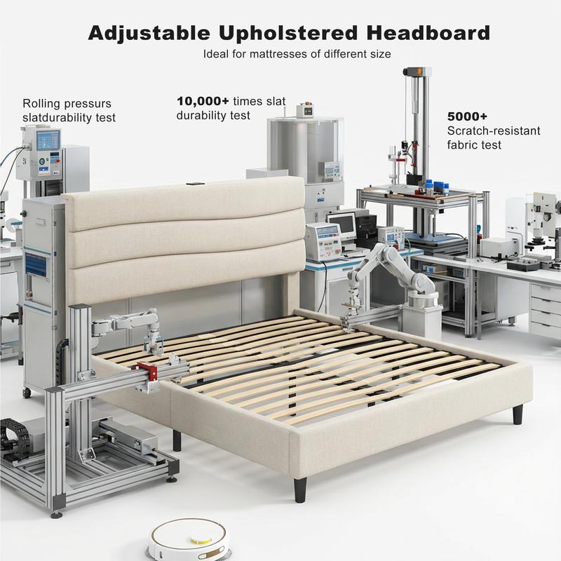 【Sturdy & Fit Snugly】Raybee Modern & Quiet Luxury Upholstered Queen Bed Frame with Adjustable Headboard【Frame ONLY,No Box Spring Needed】Center Support &Noise-Free Wooden Slats,Storage Space & Built-in Charging Station,Heavy Duty&Easy Assembly,best value