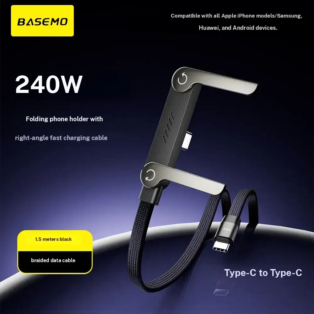 Basemo 240W Ultra Fast Charging 2-in-1 Cable with Stand - Electronic Mobile Smartphone Charger, Phone Holder for Gaming, Car, Compatible with iPhone, Samsung, Type-C Devices (Black), Ultra Fast Charging Adapters