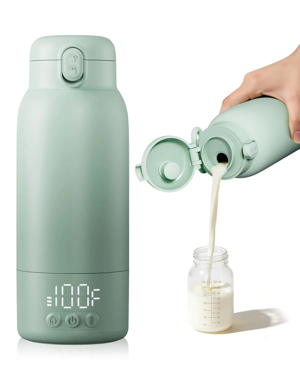 Compact Portable Baby Bottle Warmer for Travel, 17 oz Large Capacity, Fast Heating, Long Battery Life, Extended Keep Warm Function, Green