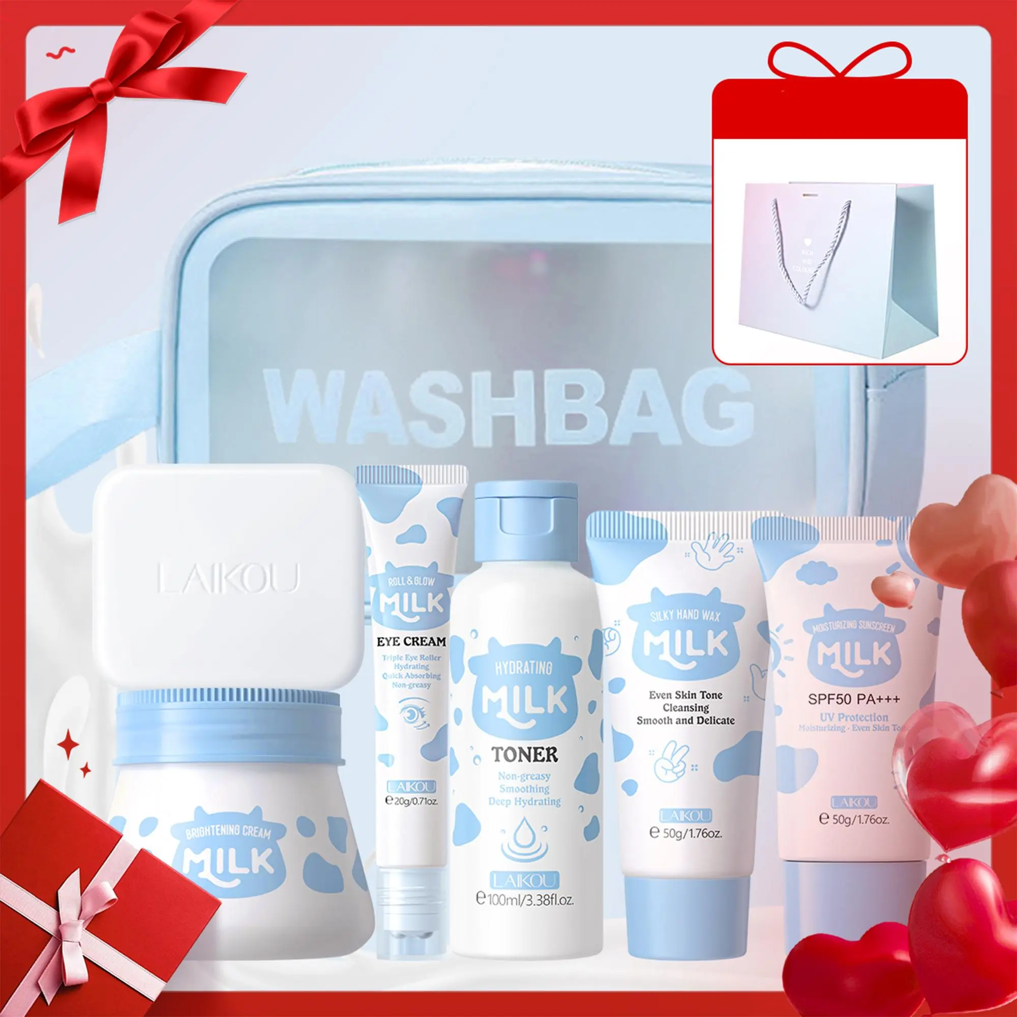 Milk Skincare Set, Including Soap, Toner, Eye Cream, Face Cream, Sunscreen, Hand Wax, Cleaning Bag, Skin Care Kit for Women & Men, Body Care Sets, Body Care Pack, Body Care Bundle, Moisturizing Set