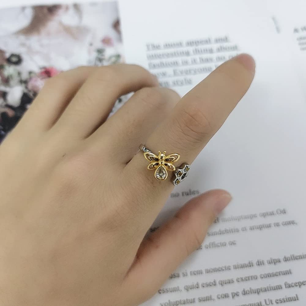 Sterling Silver Adjustable Open Ring with Bee and Honeycomb Design, Rotatable Anxiety Relied Ring, Nature and Eco-Friendly Style Jewelry for Girls&Women, Good Luck for Friends as Gifts, Perfect for Suit and Daily Wear
