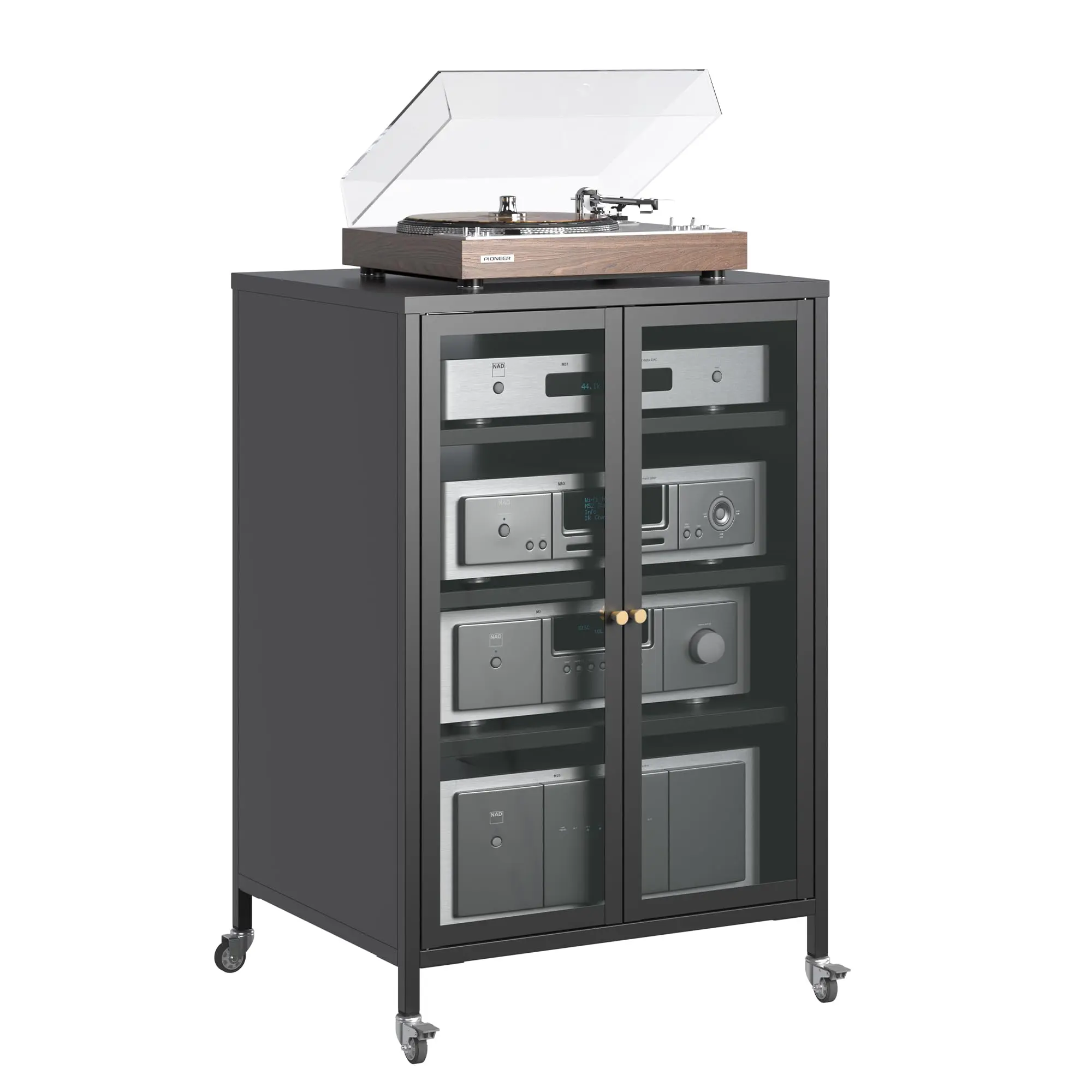 Black Metal Stereo Cabinet with Glass Doors - Rectangular Indoor All-Metal Audio-Video Media Storage Stand, 4 Adjustable Shelves Single Unit Support Cabinet for Living Room (Needs Assembly)