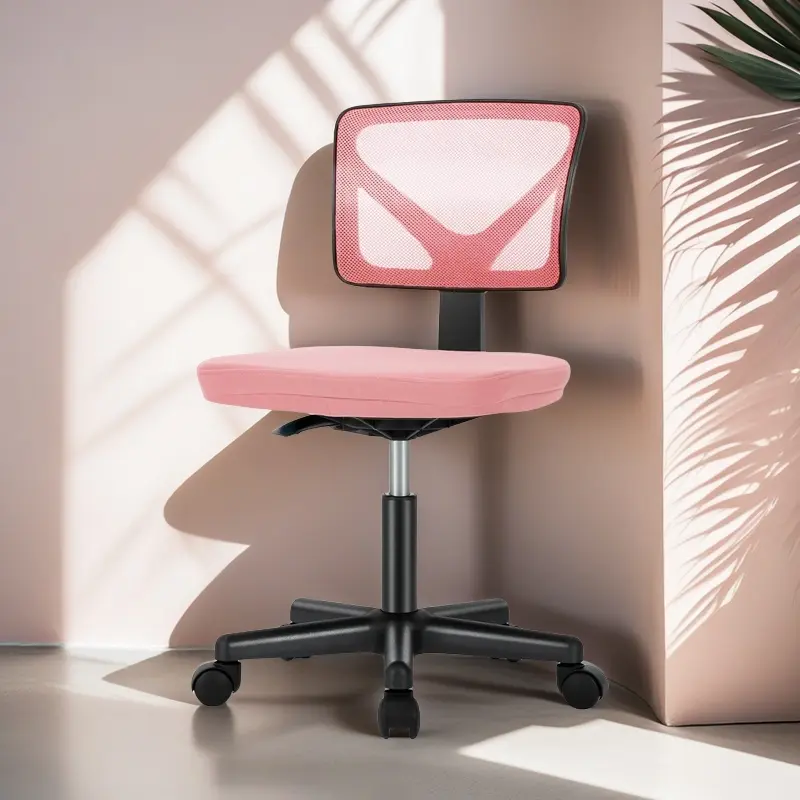 Armless Desk Chair with Wheels, Ergonomic Adjustable Swivel Rolling Task, Comfy Mesh Mid Back Computer Work Vanity Chair for Small Spaces, Pink Home Office Computer Desk Chair with Lum