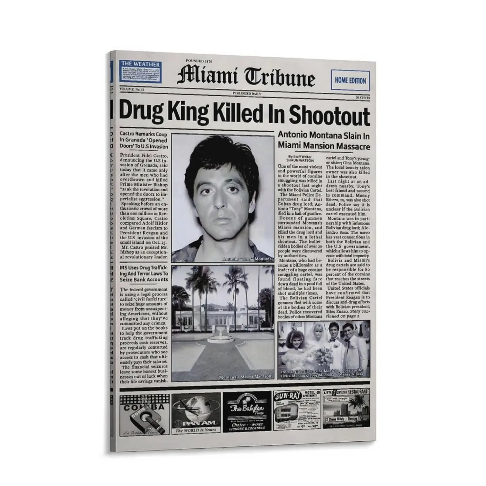 Scarface Tony Montana Framed Newspaper Poster Print - High-Quality Pine Wood Textured Frame, Waterproof Canvas Wall Art, Exquisite Detail Work Home Decor Decoration, Collectibles Gift for Movie Enthusiasts, Bedroom Accent, Durable